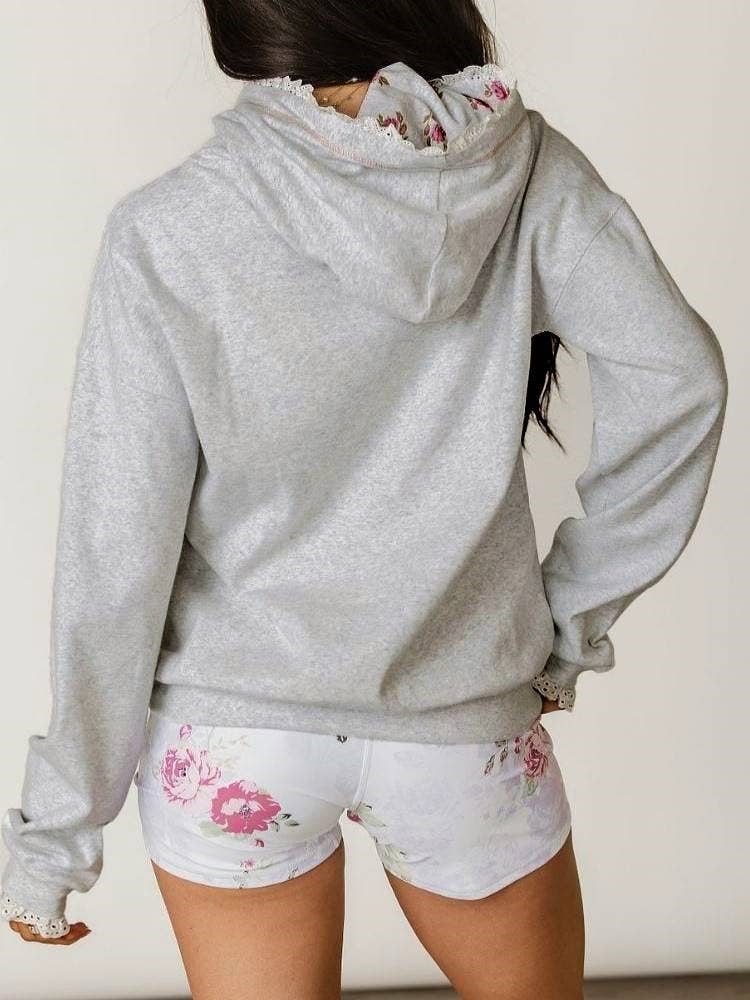 Grey Lace Trimmed Bow Embroidery Floral Hoodie for wholesale on Faire3