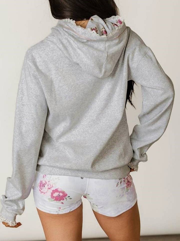 Grey Lace Trimmed Bow Embroidery Floral Hoodie for wholesale on Faire3