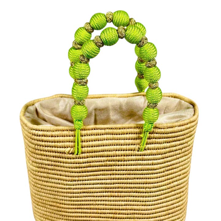 MIRAMAR Store - Wholesale Beach Bag - Handcrafted Raffia Bag with Green Beaded Handle