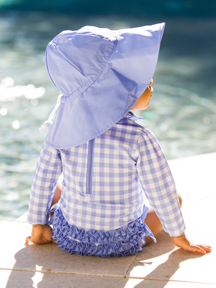 Baby Girls Periwinkle Blue Gingham Long Sleeve One Piece Rash Guard Swimsuit with Signature Rear Ruffles
for wholesale on Faire