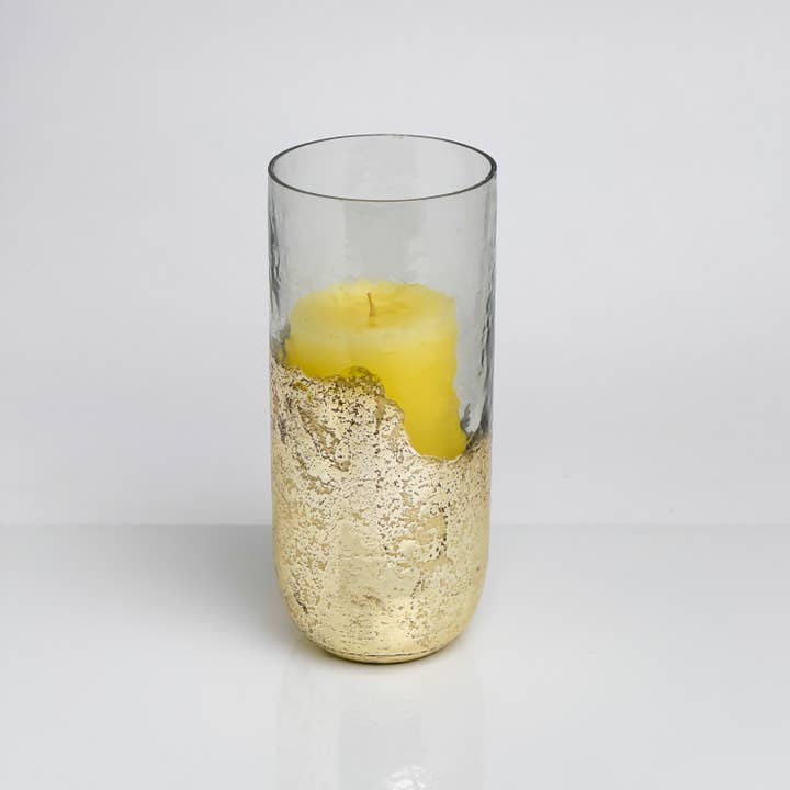 India Handicrafts Inc - Wholesale Hurricane Candle - Gold Foil Dipped Tall & Round Glass Hurricane