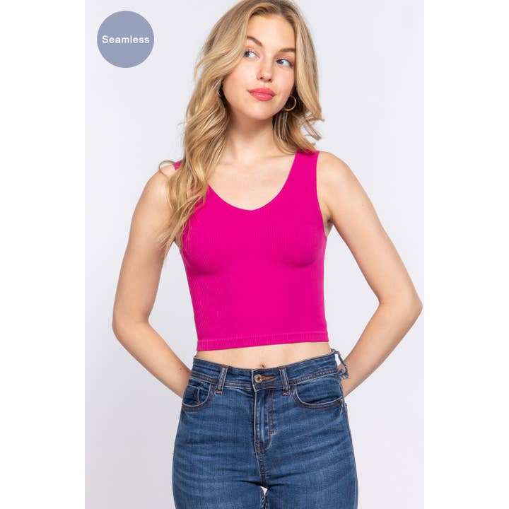 CAMISETA SIN MANGAS SIN COSTURAS CON CUELLO REDONDO Y CUELLO EN V REVERSIBLE para venta al por mayor de Apolline