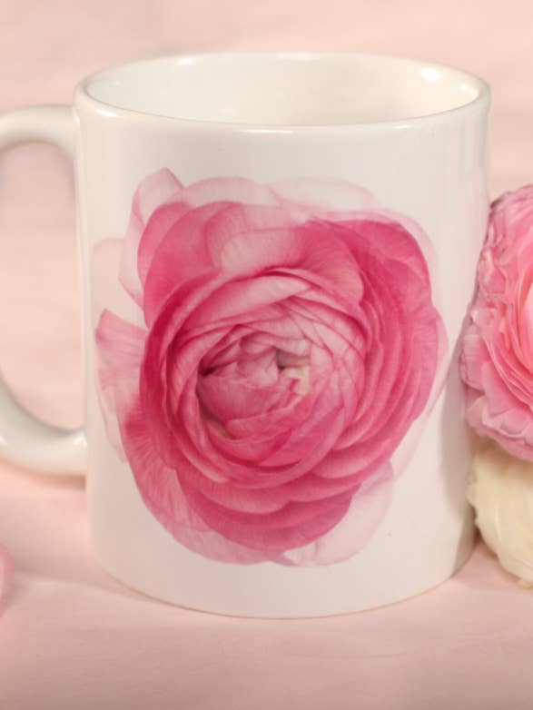 Pink Ranunculus Floral Keramisk Cup 11 ounce for engroshandel hos Talfoto Studio