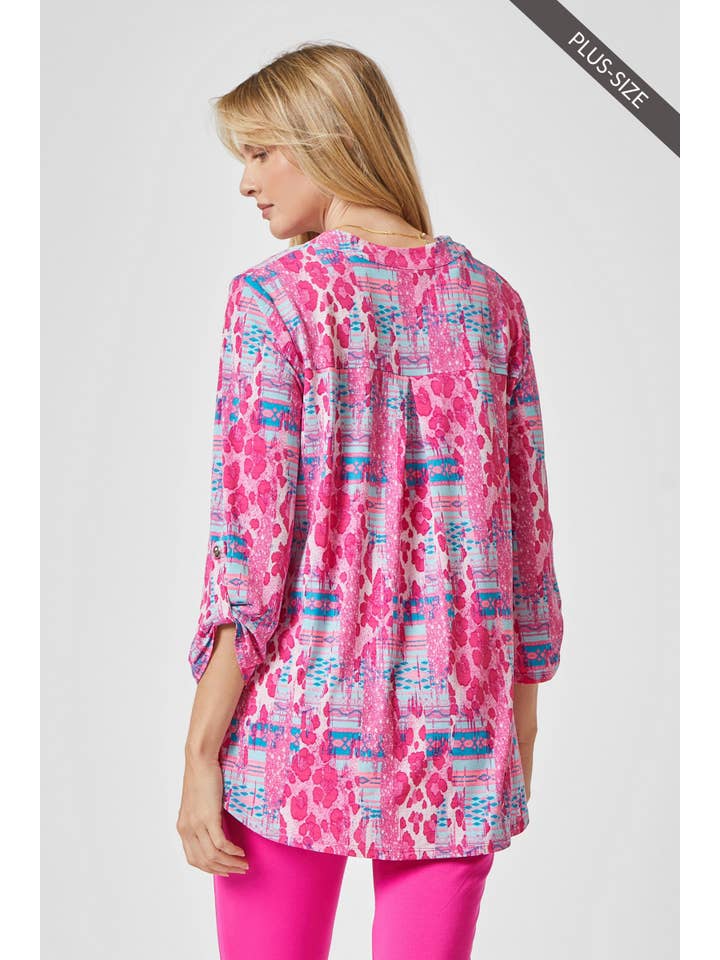 Teal Pink PLUS 3/4 Sleeve LIZZY MEDALLION Wrinkle Free Blouse for wholesale on Faire
