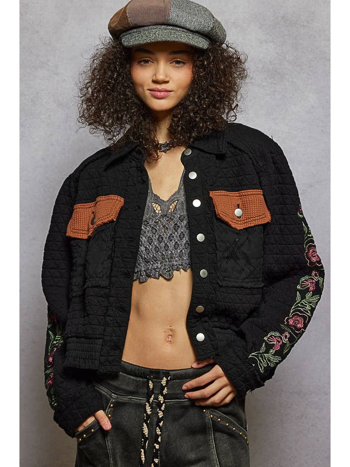 Pol Clothing - Wholesale Jacket - Women's - Vintage washed embroidered sleeve quilted jacket5