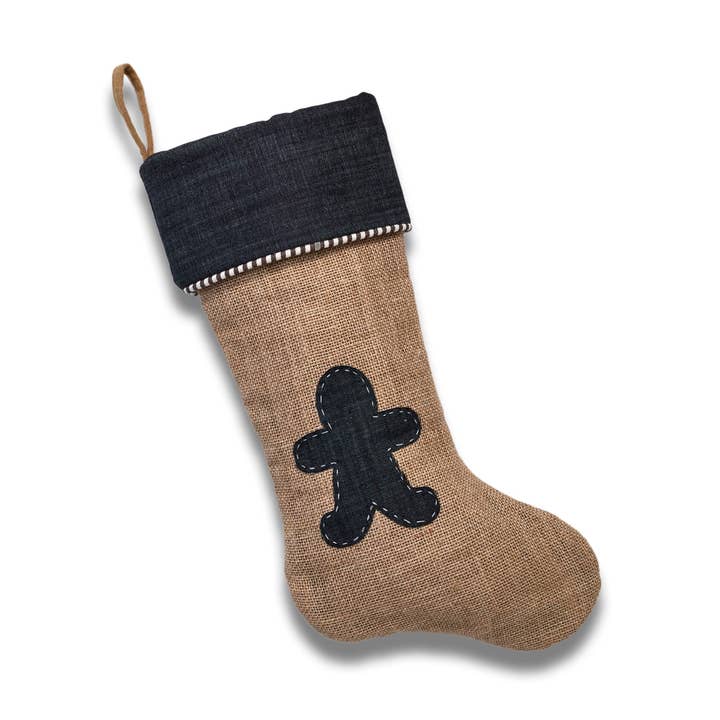 Gigi Seasons - Wholesale Holiday Stocking - Jute Christmas Stocking with Dress Denim Gingerbread Man0