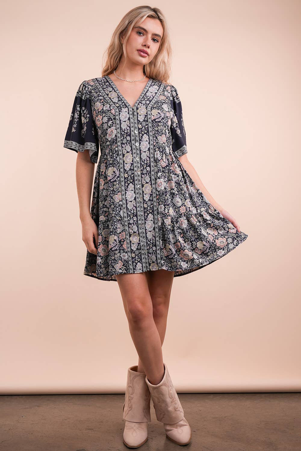 VERY J - Wholesale Dress - Women's - ND31637-Shirring Detail Printed Woven Mini Dress20