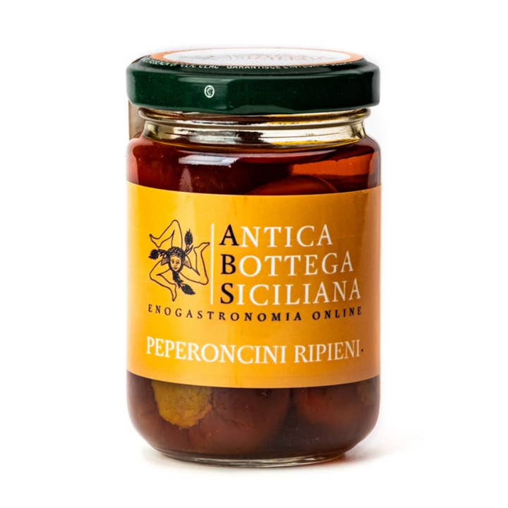 Antica Bottega Siciliana – Legumes em conserva por atacado – Pimentos Vermelhos Recheados com Atum, Anchovas e Alcaparras - 140g0