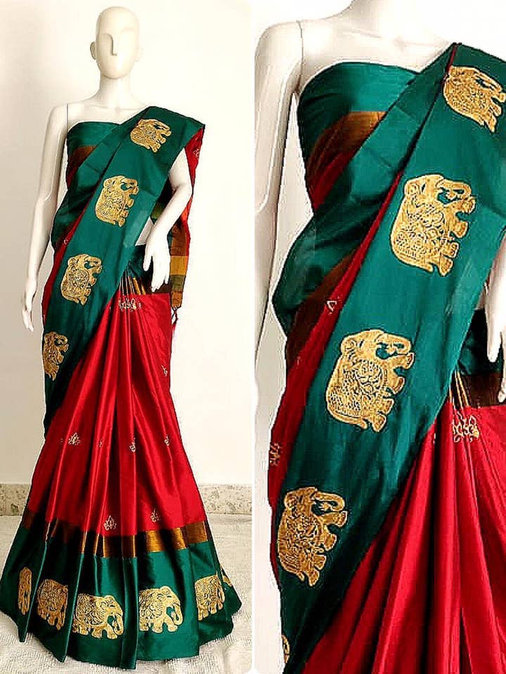 Sari de seda india verde y burdeos con elefantes dorados, barcos desde EE. UU. para venta al por mayor de The Deva Shop