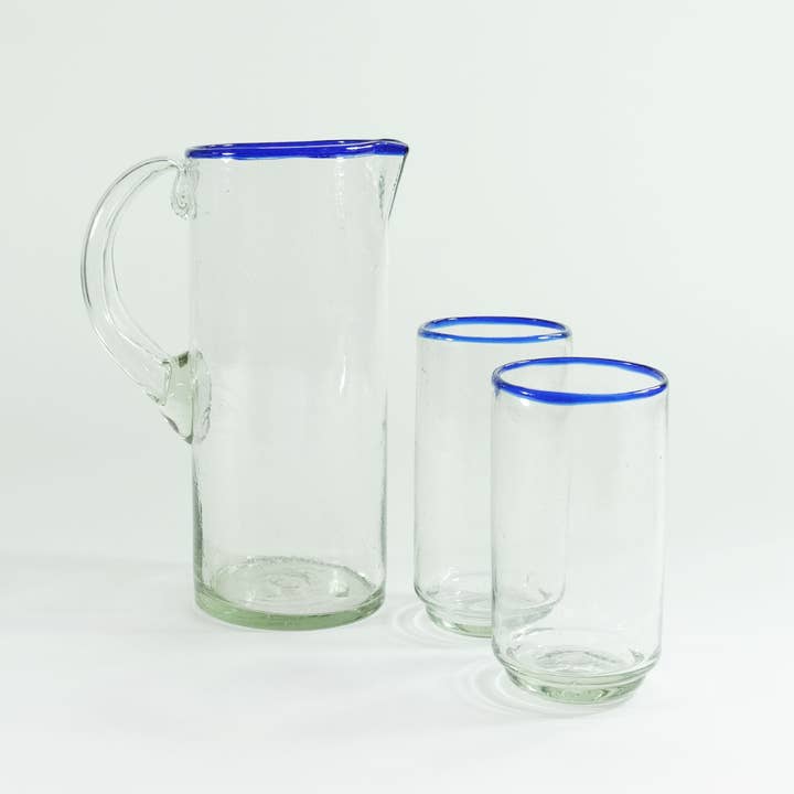 Sobremesa - Wholesale Pitcher - Blue Rim Glass Pitcher with Handle, Recycled Clear Glass Jug4