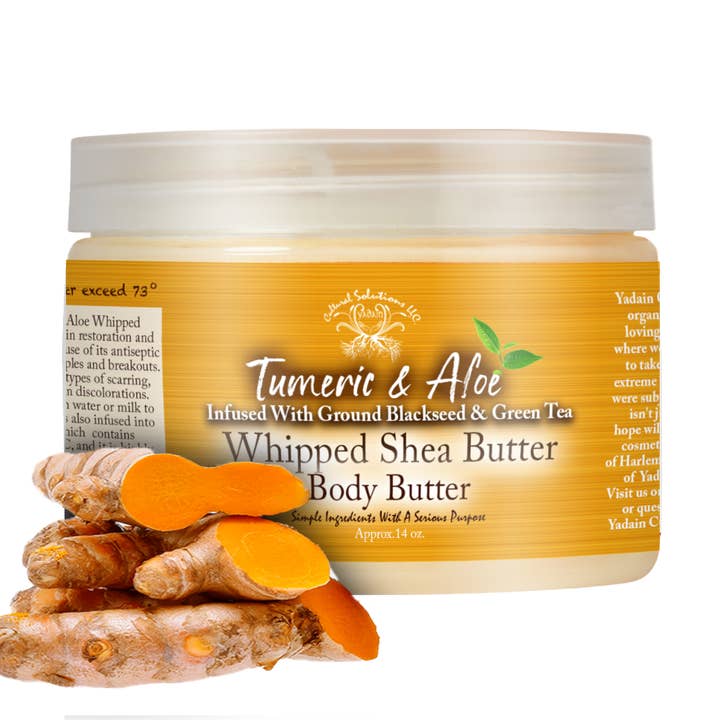 Beurre corporel au beurre de karité fouetté au curcuma et à l'aloès (environ 14 g) pour la vente par Yadain Cultural Solutions LLC.