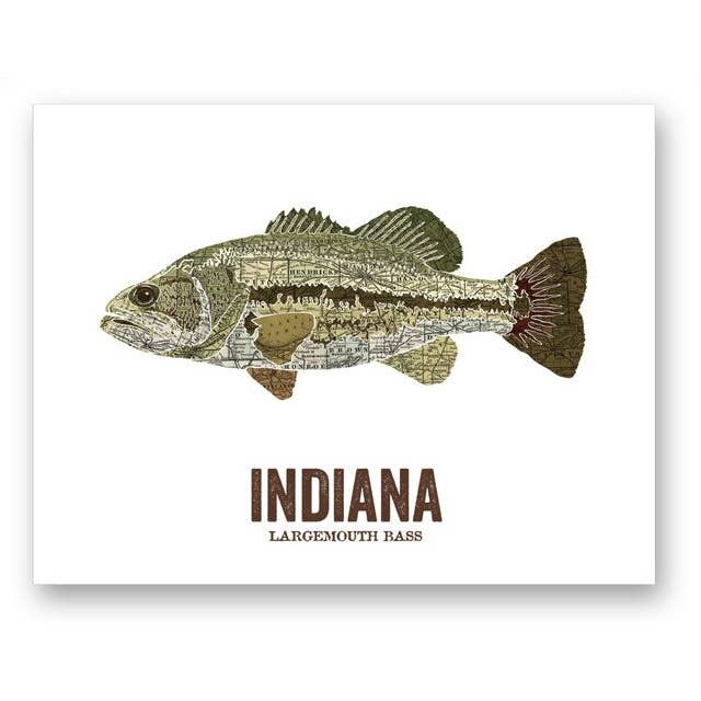 Wooden Pencil Company - Wholesale Art Print - Indiana State Fish, Map Art - Largemouth Bass