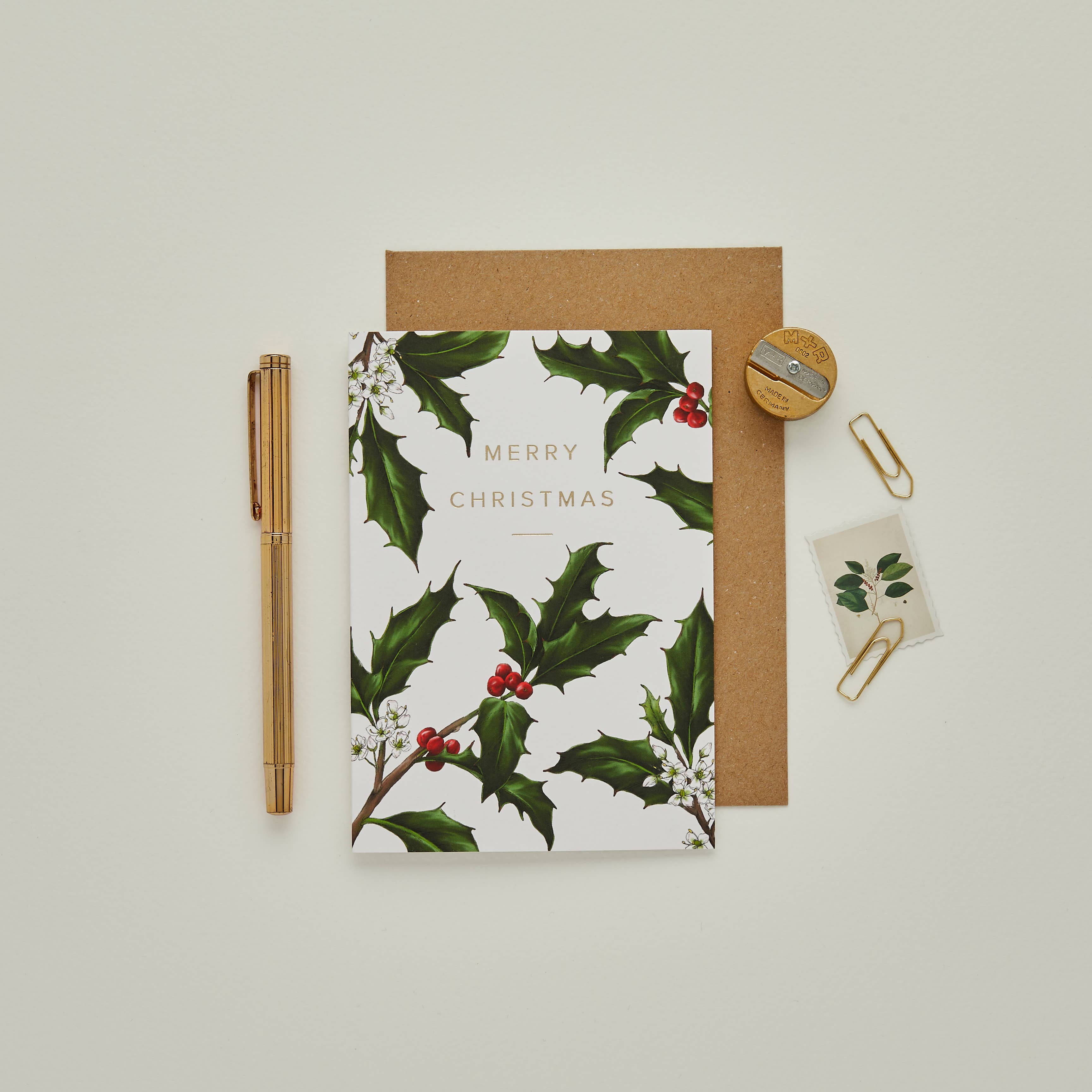 Catherine Lewis Design - Wholesale Christmas card - Holly Border - White - Christmas Card - Greenery Collection