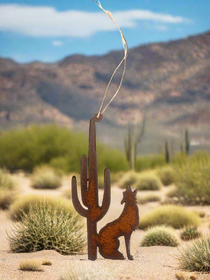 Coyote and Saguaro Cactus Desert Ornament Rustic Metal for wholesale by Universal Ironworks USA