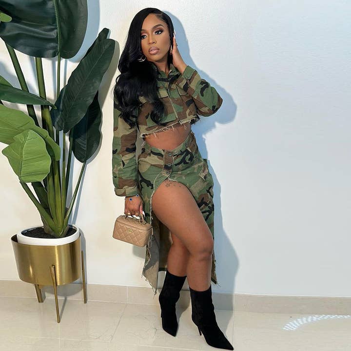 MB FASHION High-Waisted Camo Cargo Skirt with Slit 8805LY for wholesale on Faire5