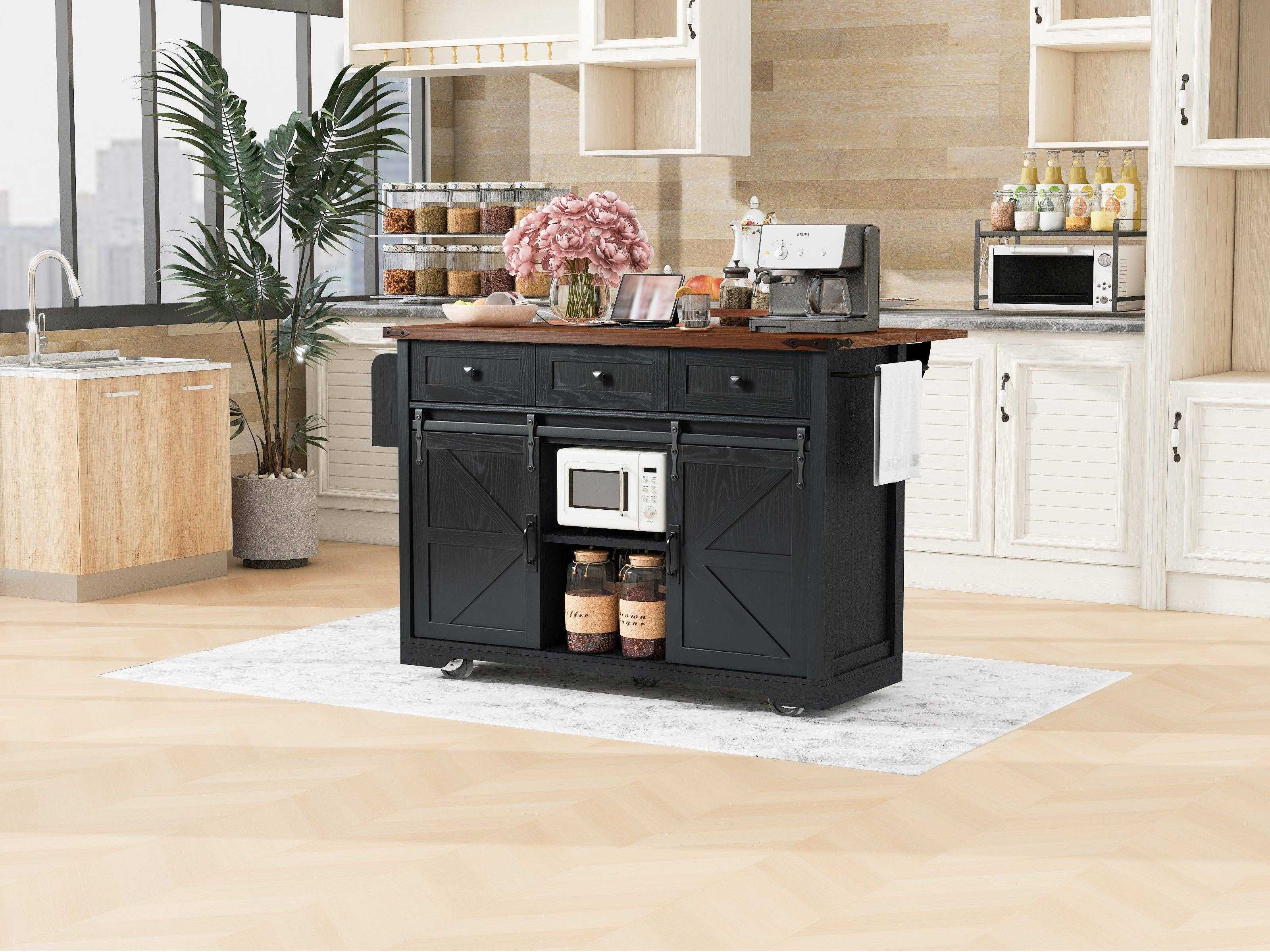 Orange County Decor - Wholesale Kitchen Storage/Organizer - K&K 53.7" Farmhouse Kitchen Island With Power Outlet, 2 Sliding Barn Door Kitchen Storage Island With Drop Leaf, Spice Rack Rolling Kitchen Cart On Wheels, For Home, Kitchen And Dining Room, Black9