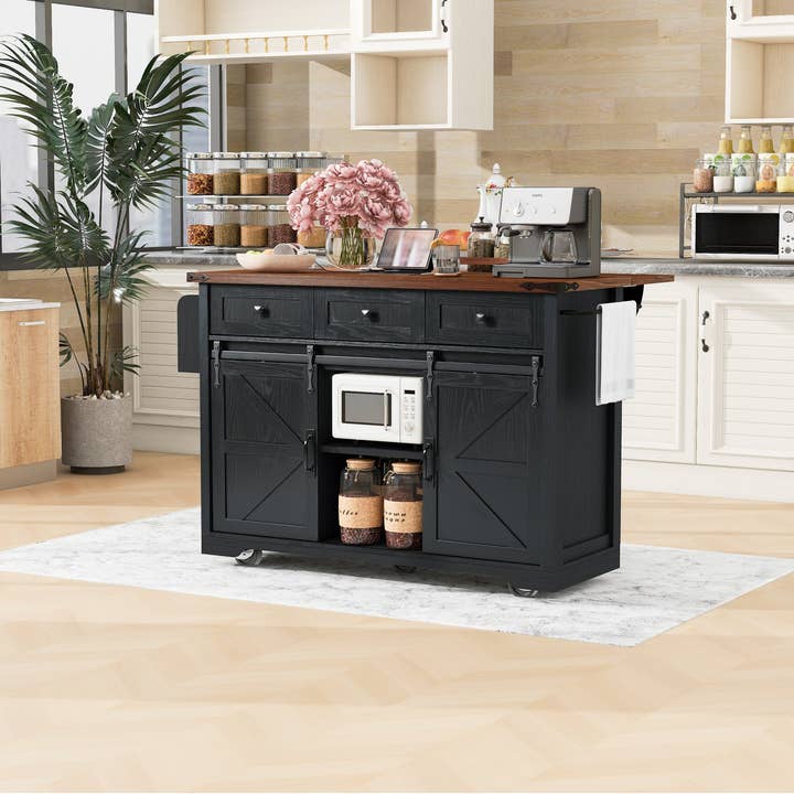 Orange County Decor - Wholesale Kitchen Storage/Organizer - K&K 53.7" Farmhouse Kitchen Island With Power Outlet, 2 Sliding Barn Door Kitchen Storage Island With Drop Leaf, Spice Rack Rolling Kitchen Cart On Wheels, For Home, Kitchen And Dining Room, Black9
