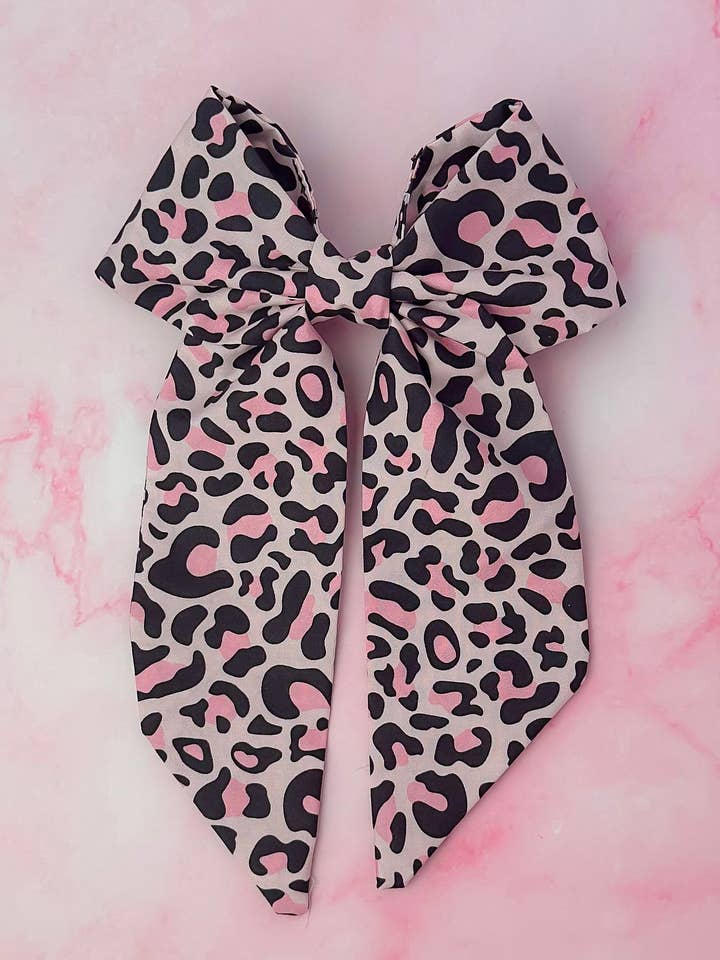 Kayleigh - Pink and black leopard print long Hair Bow for wholesale by ThatsSewLauraUk