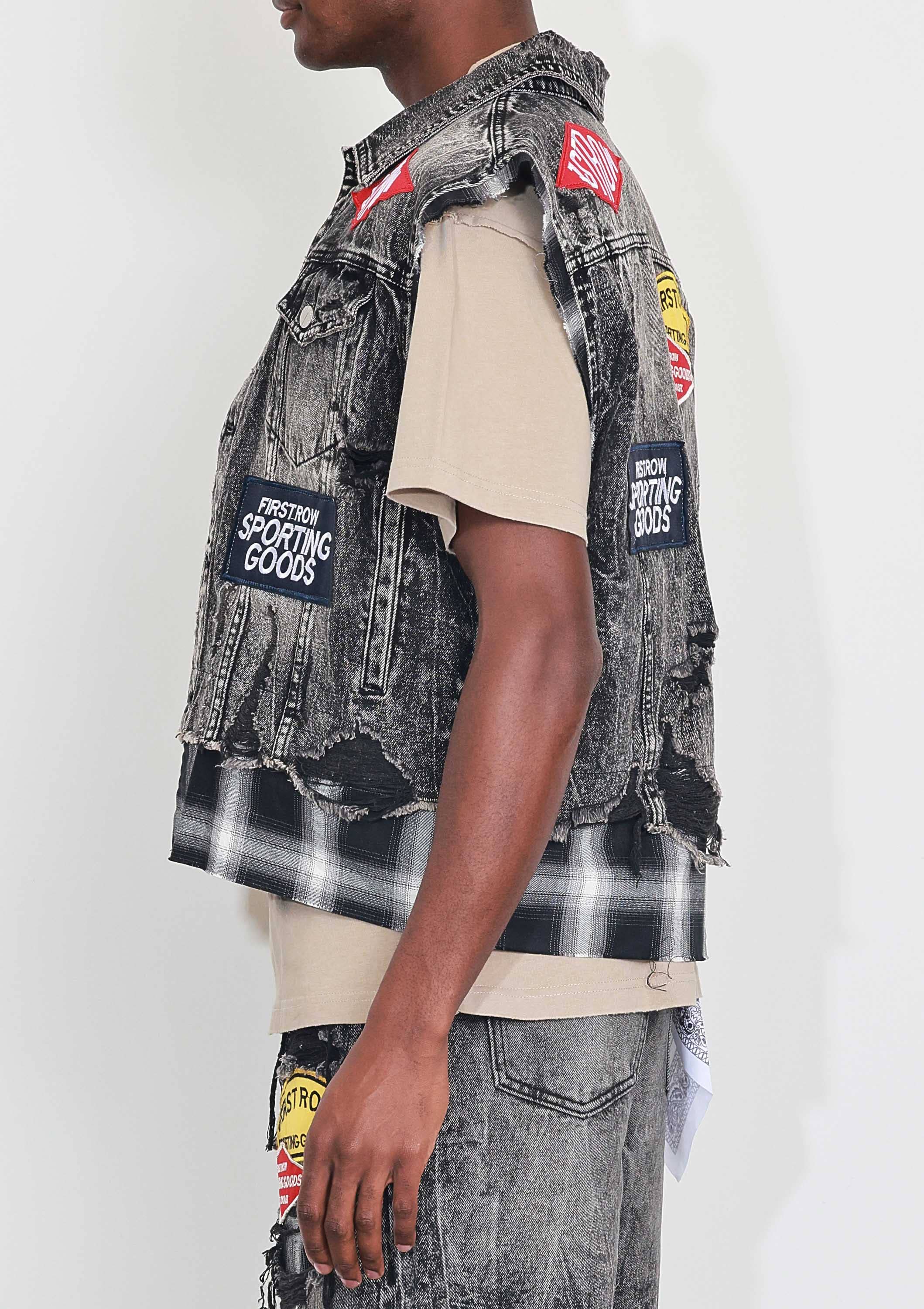 Black Stone PATCHES CUT OFF PLAID DENIM VEST for wholesale on Faire2