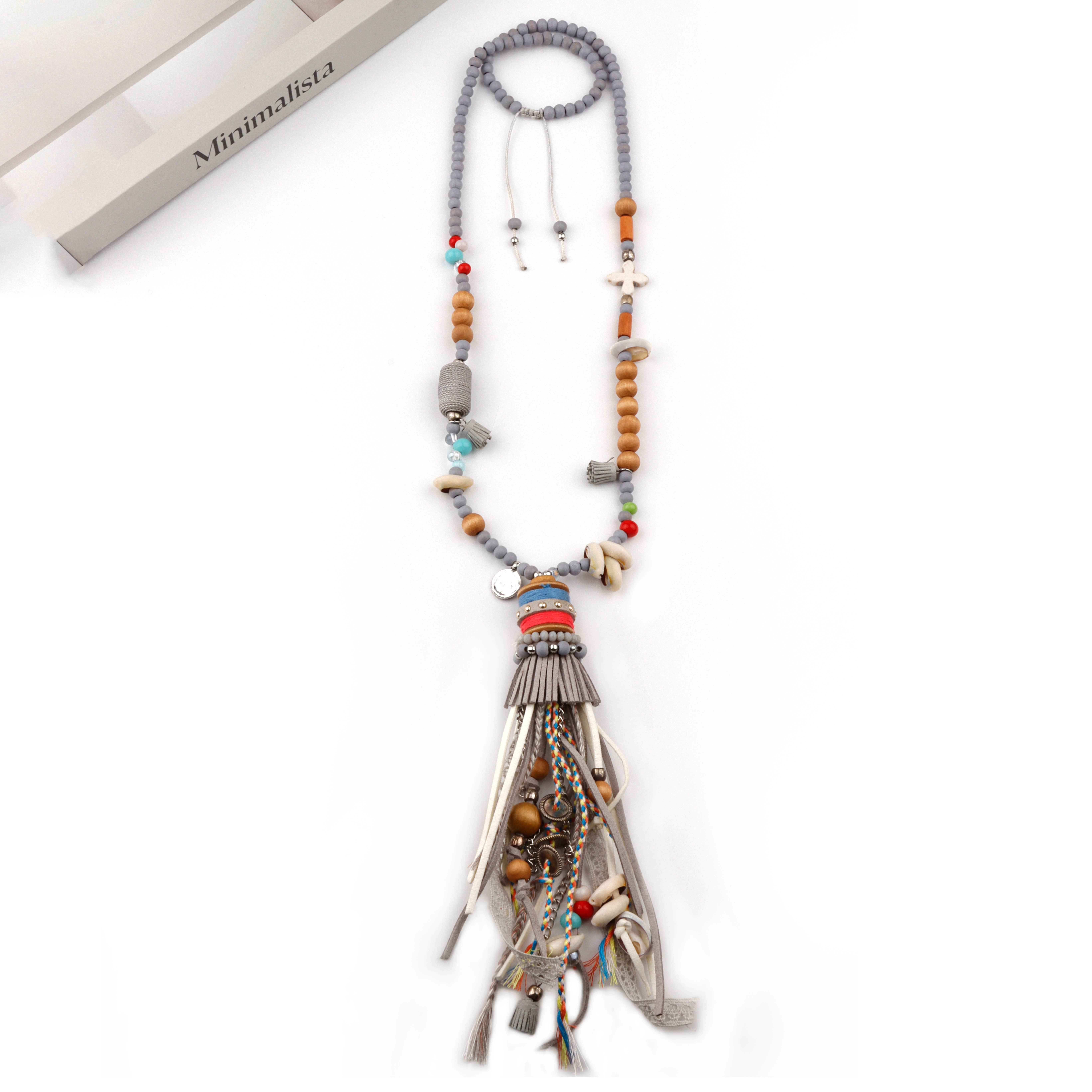Grey 🌺 Bohemian Necklace with Tassels and Handmade Beads 🌺 for wholesale on Faire0
