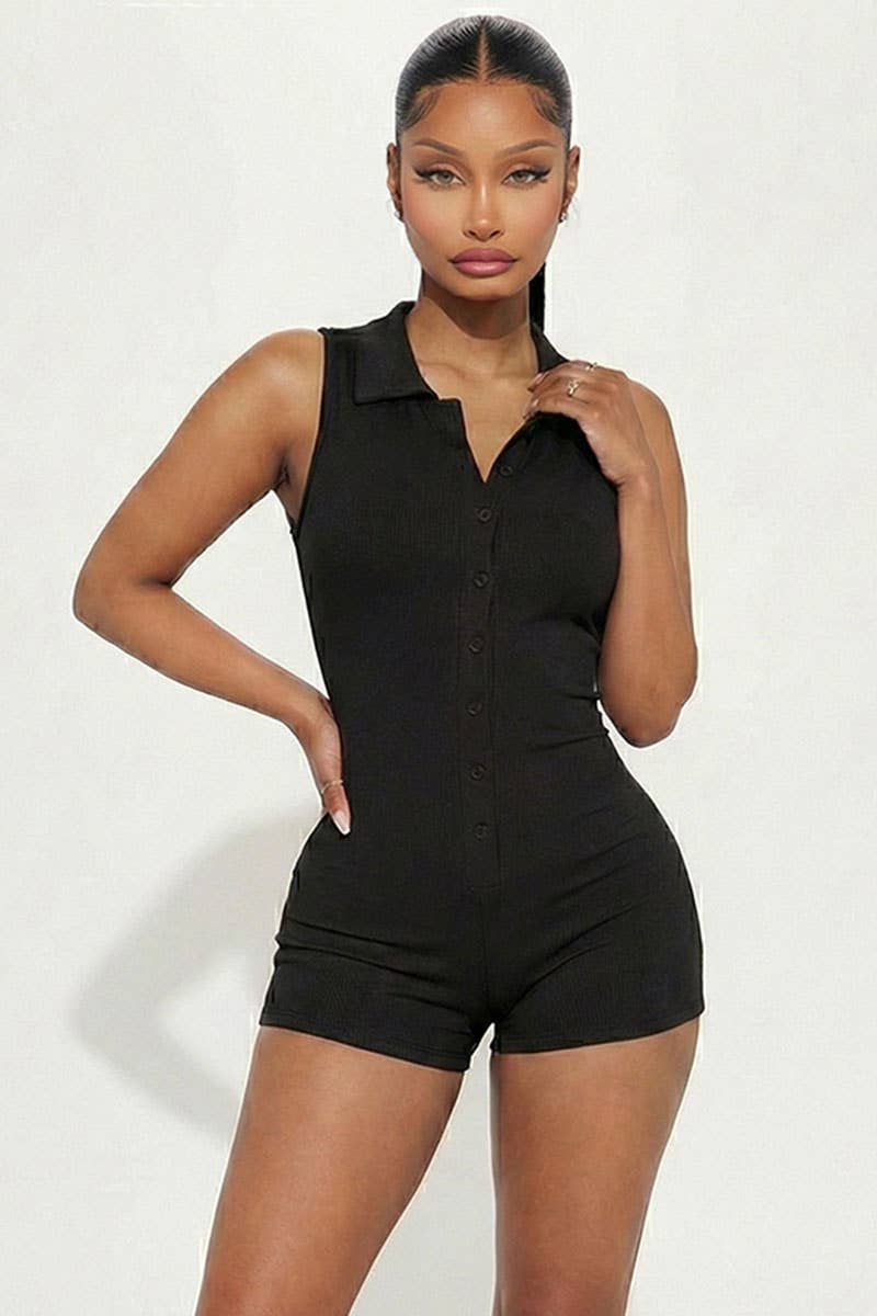CAPELLA APPAREL - Wholesale Romper - Women's - Ribbed Knit Sleeveless Button Front Romper0