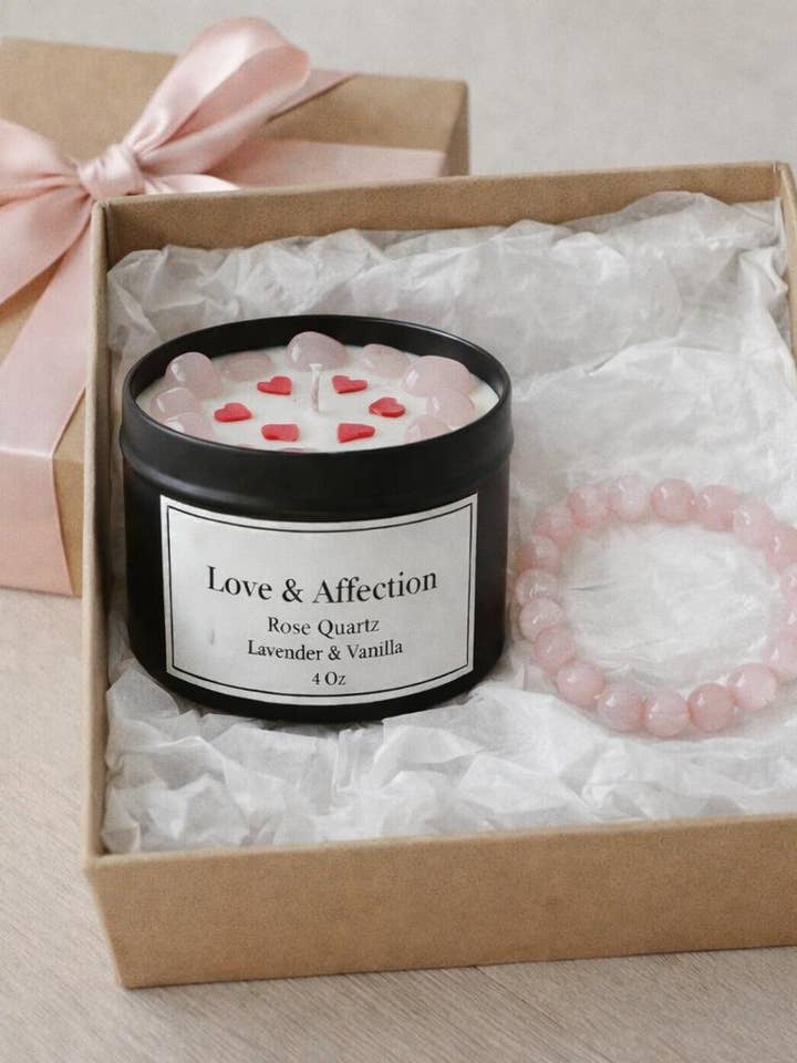Set Regalo Quarzo Rosa | Candela di Cristallo & Braccialetto di Quarzo Rosa per la vendita all'ingrosso da parte di jiomind