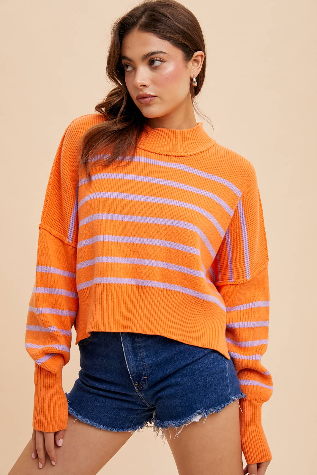 In Loom - Vente Pull en maille – femme - Pull rayé court à col montant12