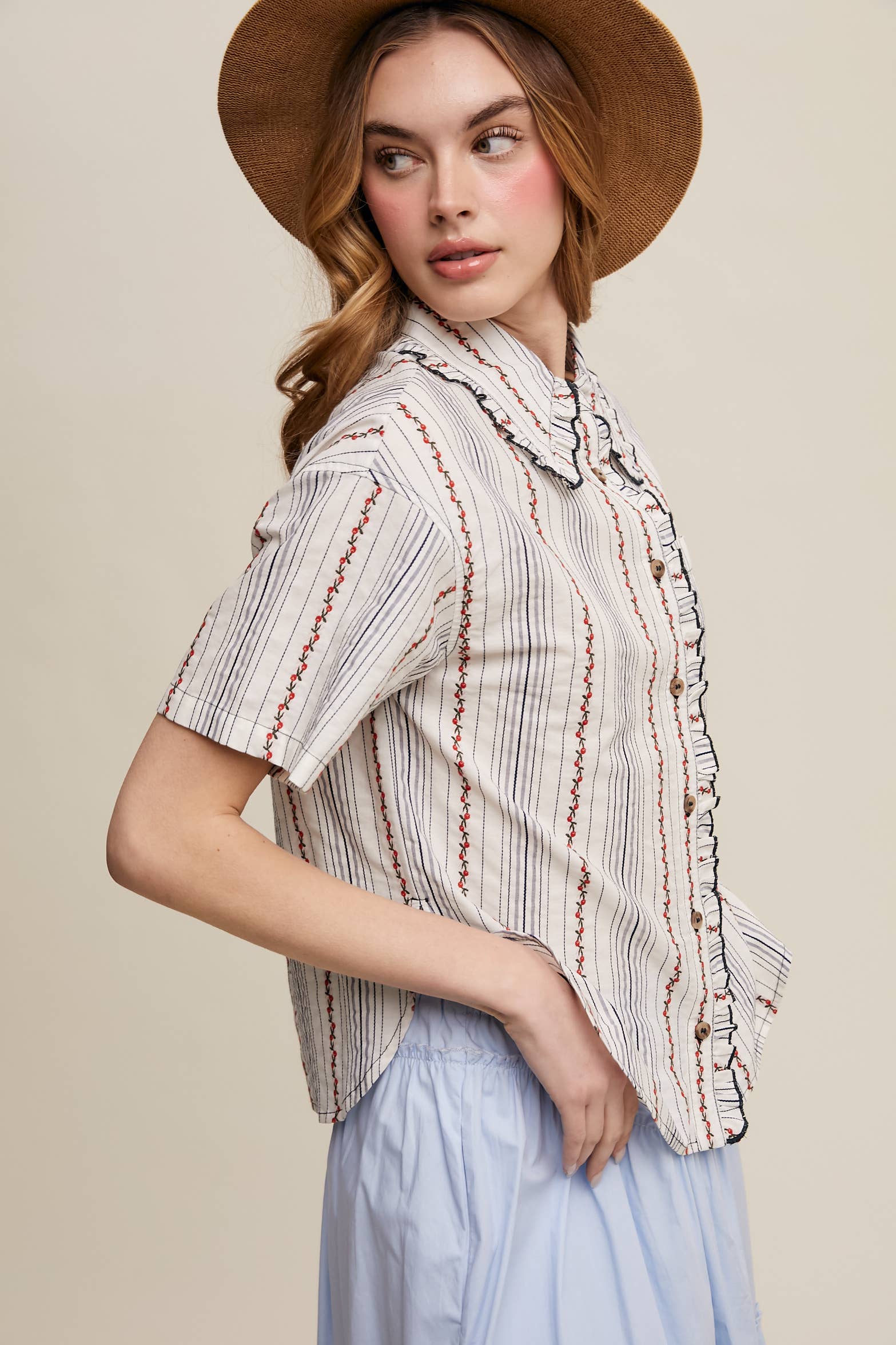 Listicle - Wholesale Button Down Shirt - Women's - Striped Embroidered Button-Down Blouse19