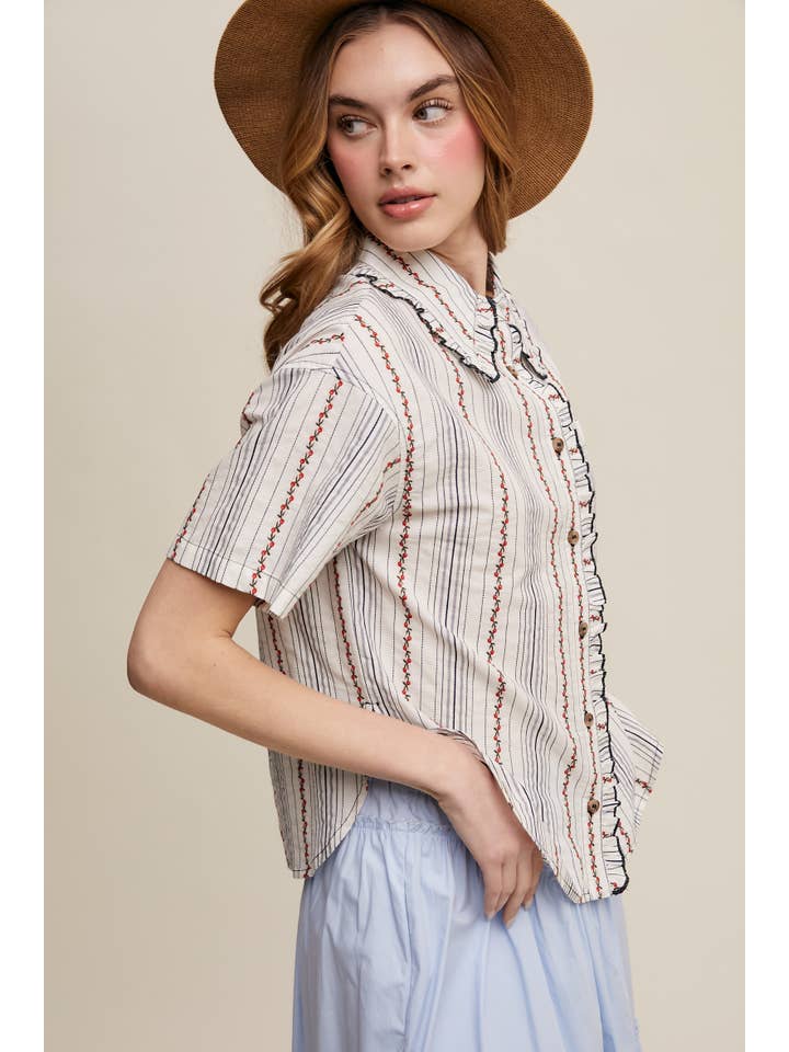 Listicle - Wholesale Button Down Shirt - Women's - Striped Embroidered Button-Down Blouse19