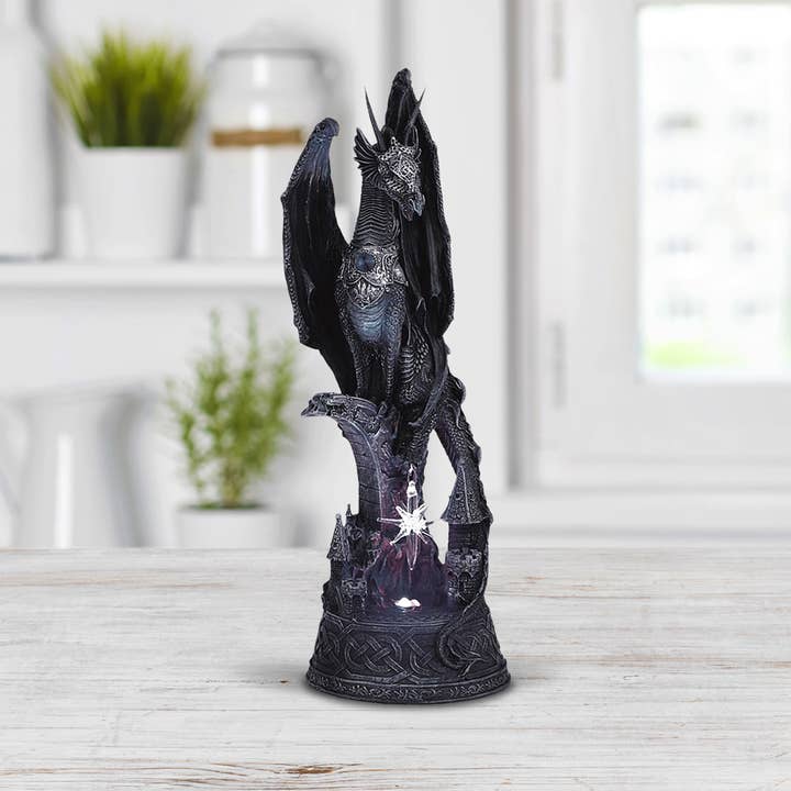 12"H LED Black Dragon Standing on Castle Figurine Home Decor for wholesale by FC Design