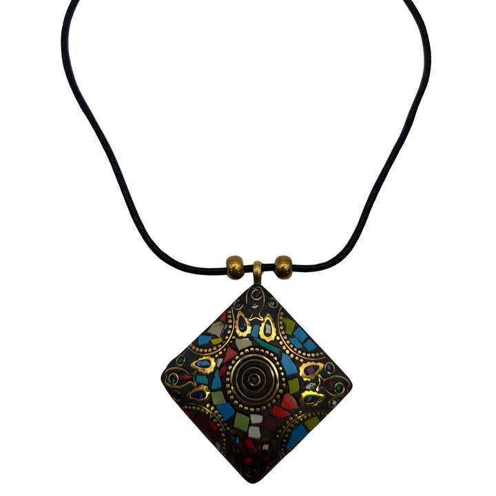 Pingente de Latão em Forma de Diamante Mosaico - Arte Tribal Multicolorida por atacado de Treasure Jewelry