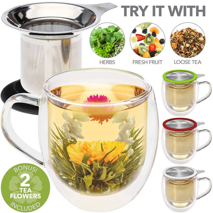 Teabloom - Wholesale Coffee Mug - Teabloom VENICE Double Wall Glass Mug with Infuser & Lid