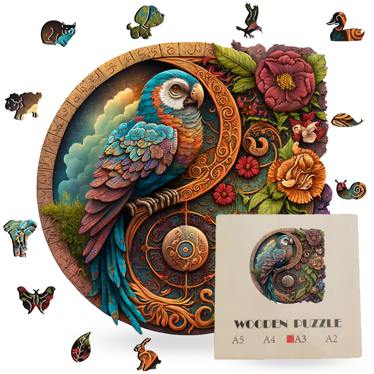 Crafthub – Großhandel Puzzle - Erwachsene – Holz-Puzzle „Papagei Yin Yang“ — Vibrant3
