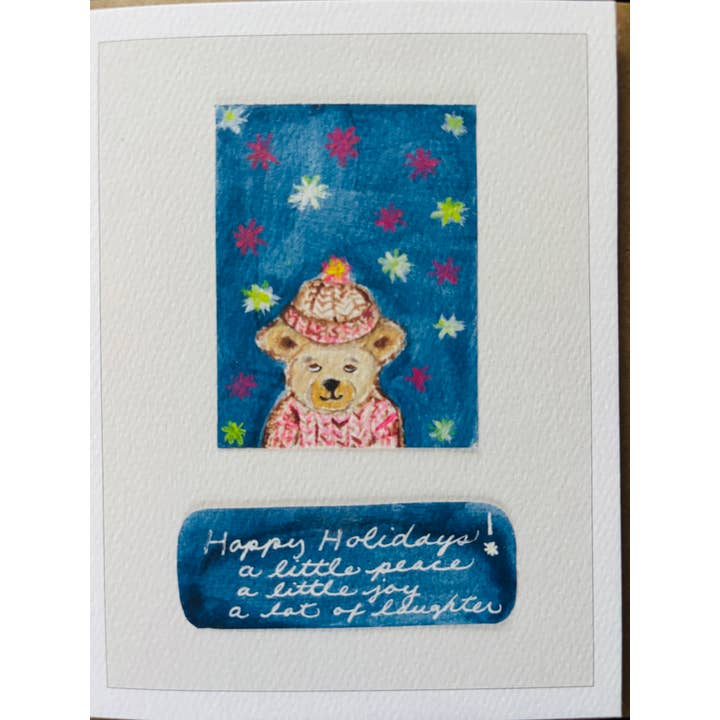Bernie Street Studios - Wholesale Season's Greetings Card - Happy Holidays coy bear in beanie holiday greeting card1