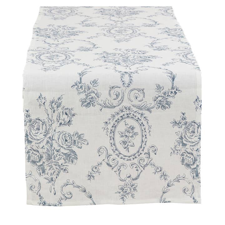 Fennco Styles - Wholesale Table runner - Indigo Toile Floral White Pure Linen Table Runner2