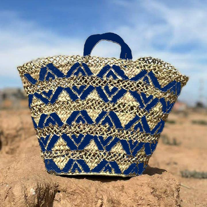 Moroccan french basket sewn tribal pattern for wholesale by MARRAKECH METACRAFT LTD