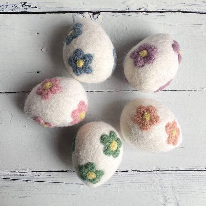 5 Easter Felt Eggs With Floral Design (White Base) - 6cm for wholesale by Sewing Seeds Play