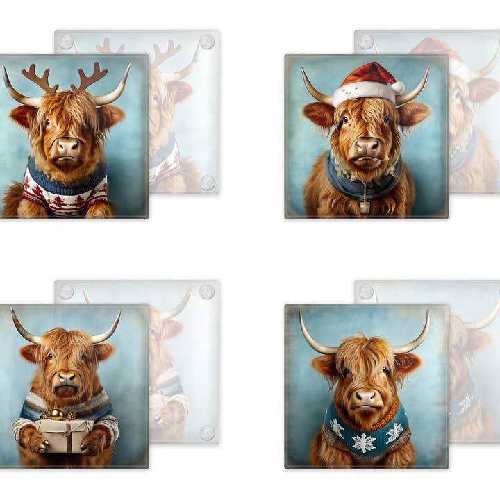 Festliches Hochlandrind-Glasuntersetzer-Set – Ausgefallenes Weihnachten für den Großhandel von Noble & Page