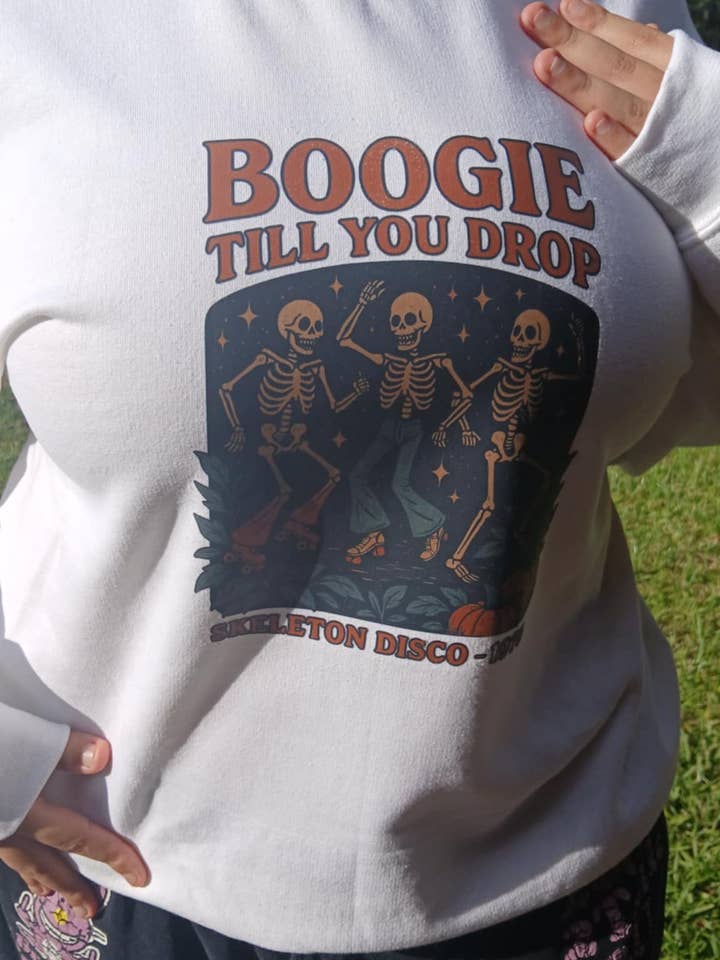 Boogie Till You Drop Skeleton Halloween Sweatshirt for wholesale by ZacNBazz