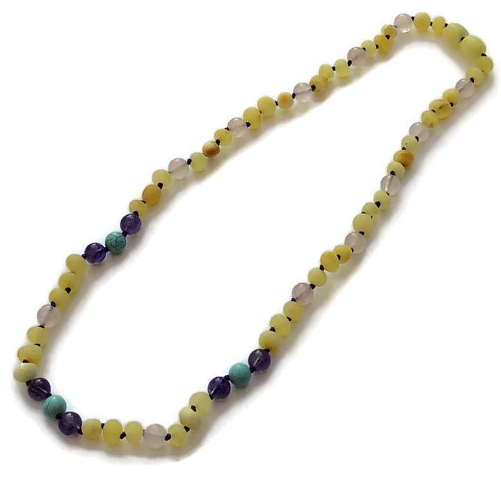 Collier ambre de la Baltique 18 19 po Lait cru Rose citron Quartz Rose Améthyste Turquoise pour la vente par Baltic Essentials
