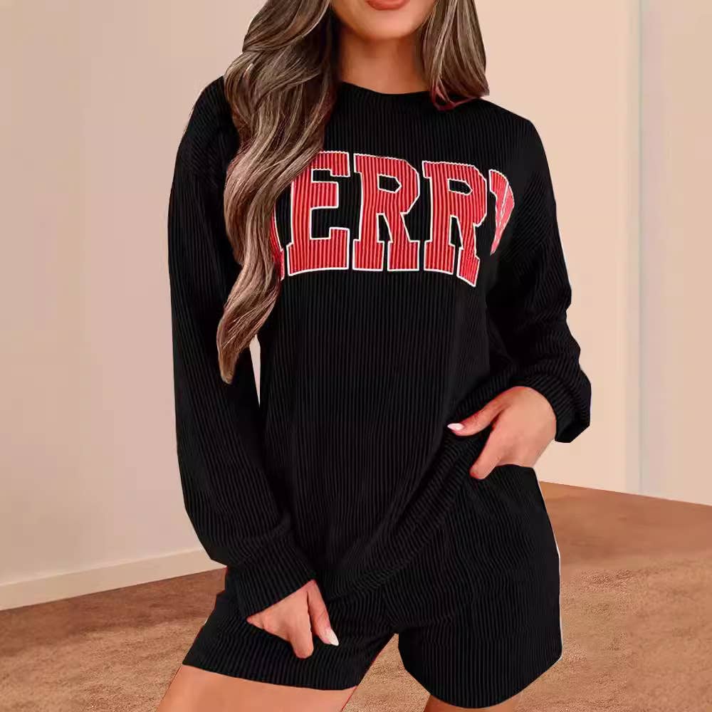 Rosa Clothing - Wholesale Top & Short Set (NOT Loungewear) - Women's - Merry Christmas Print Sweatshirt Shorts Casual Set0
