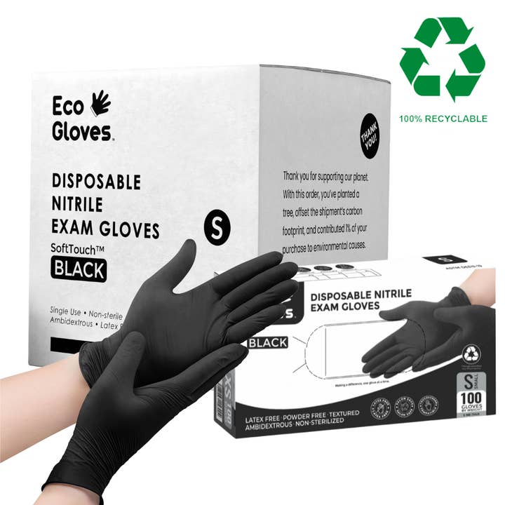 Eco Gloves BLACK Disposable Nitrile Exam Gloves (5 mil) Powder Free, Latex Free, 1,000 Gloves - 100% Recyclable for wholesale by Eco Gloves