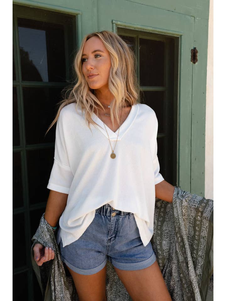 Three Bird Nest - Wholesale Knit Top - Women's - On The Go V Neck Ribbed Essential Tee - Off White8