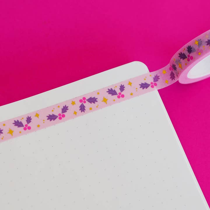 Pink Holly Christmas Gold Foil Washi Tape for wholesale by Nutmeg and Arlo