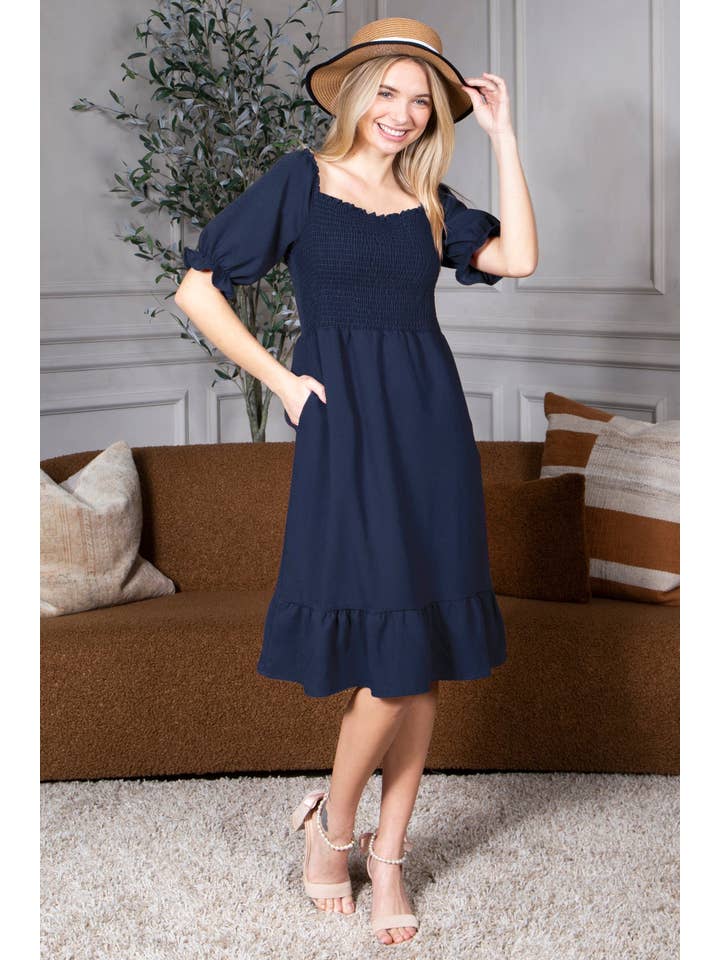 Mini Momo - Wholesale Dress – Women's - Smocked Dress Short Puff Sleeve Ruffle Smocking Crepe Midi7