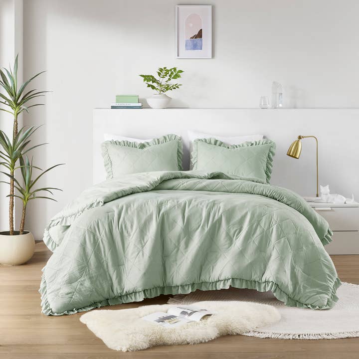 Diamond Quilted Ruffle Edge Comforter Set, Sage for wholesale by Olliix