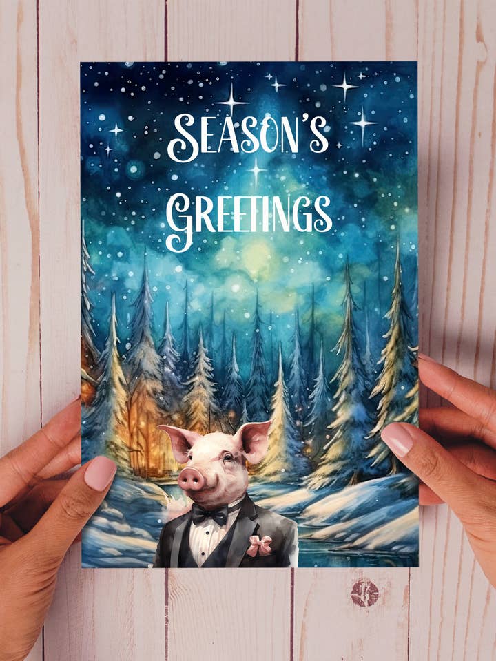 Nature's Christmas Ball Pig Weihnachtsgrußkarte für den Großhandel von Homemade Hollydays Wholesale