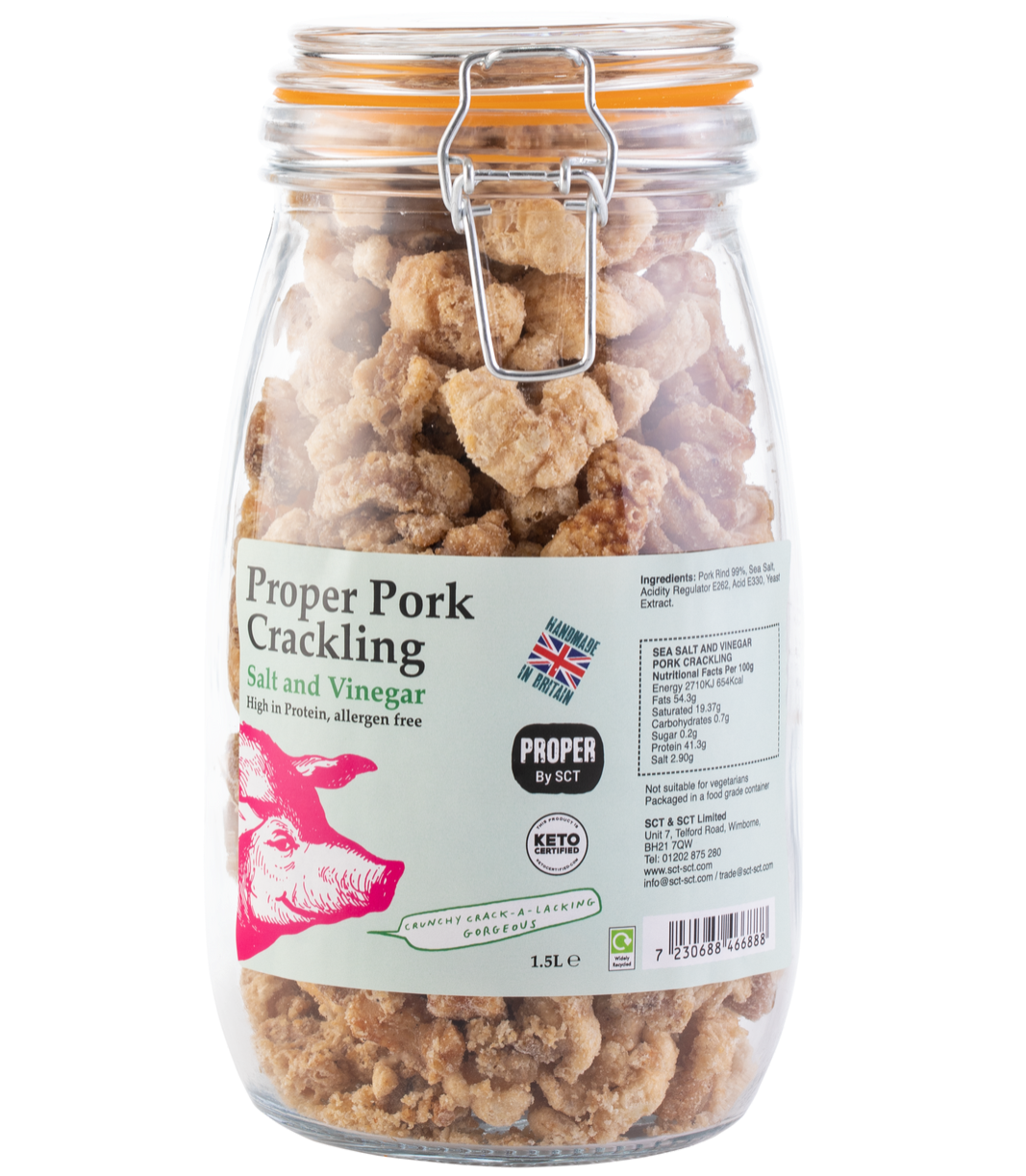 Robert’s Dorset – wholesale Puffed snack – Proper Pork Crackling 1.5L / 390g Glass Jar9