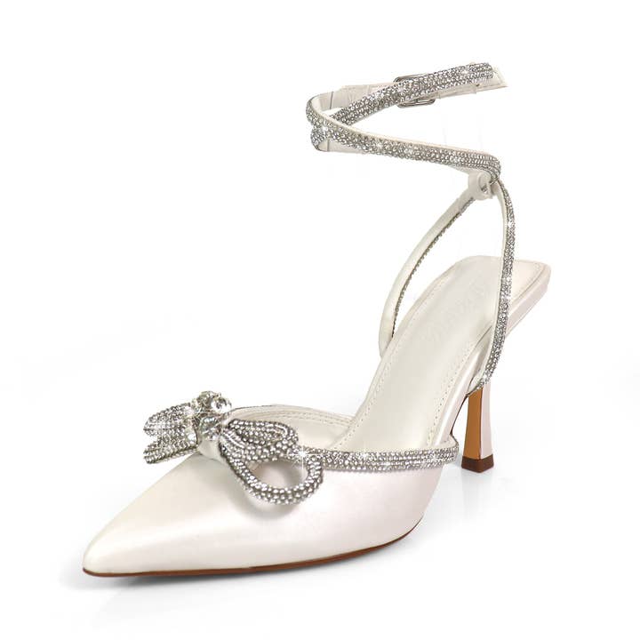 JOCELYN-26 ESCARPINS À LACETS EN SOIE AVEC ARC EN CRISTAL TRANSPARENT IVOIRE pour la vente par Liliana Shoes