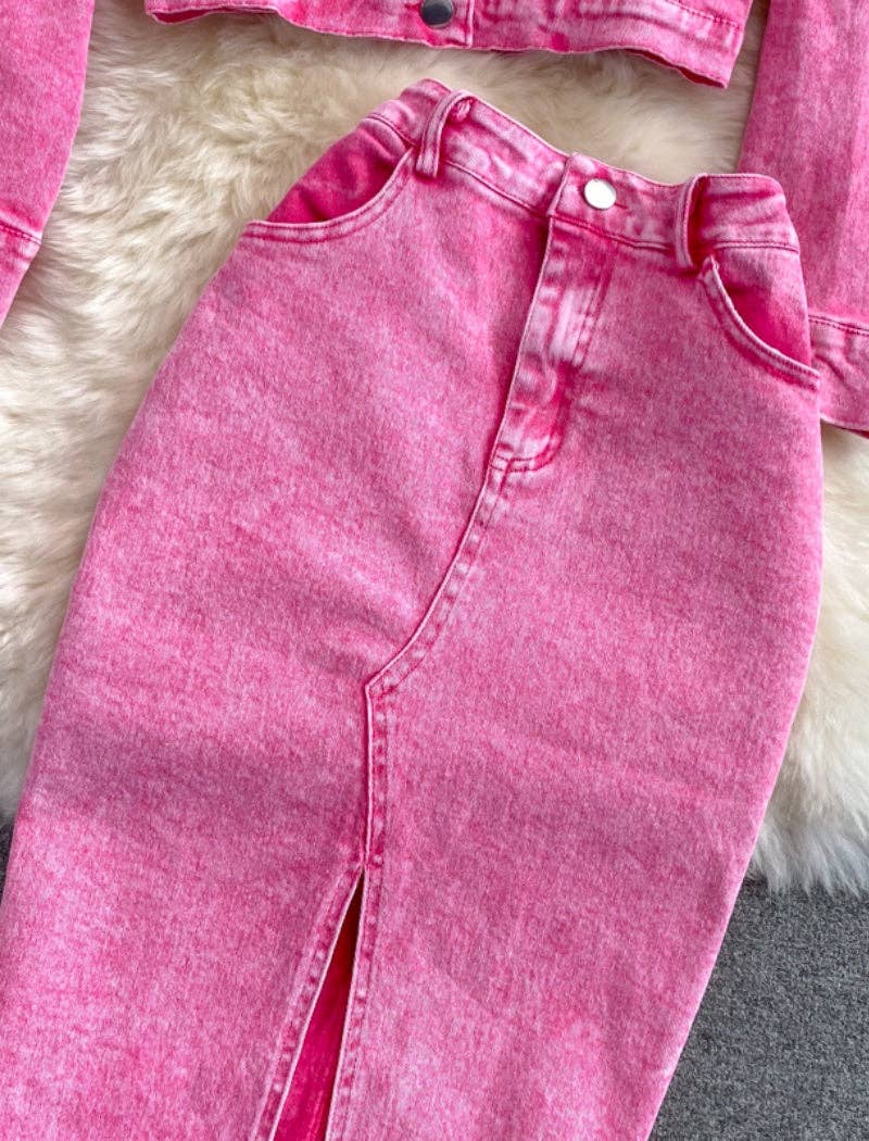 PINK Denim Cropped Jacket and Split-Hem Midi Skirt Set for wholesale on Faire11